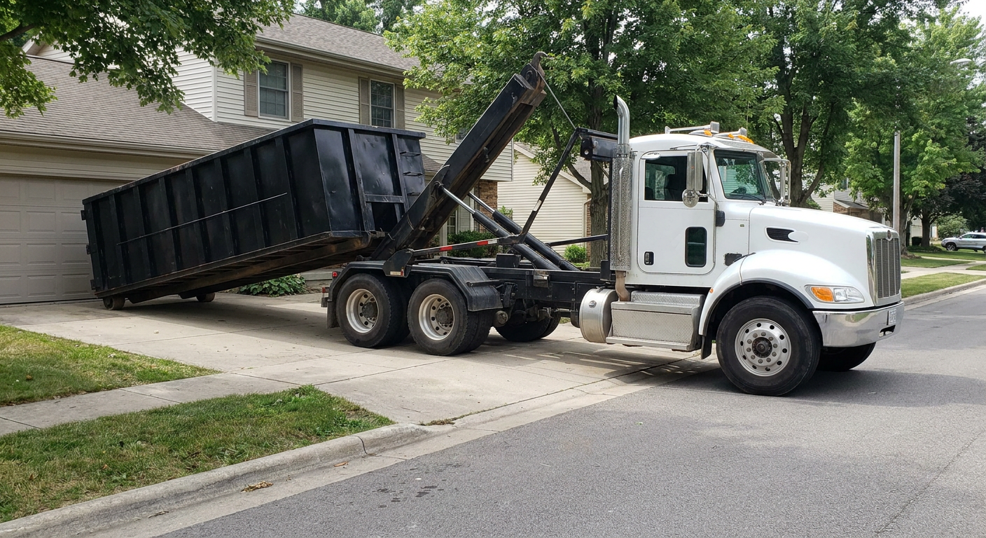 White-cab hooklift roll-off truck actively lowering a matte-black dumpster onto a Anderson residential concrete driveway, the dumpster's rear wheels touching the driveway as the hoist arm tilts the bed forward, mid-morning daylight.